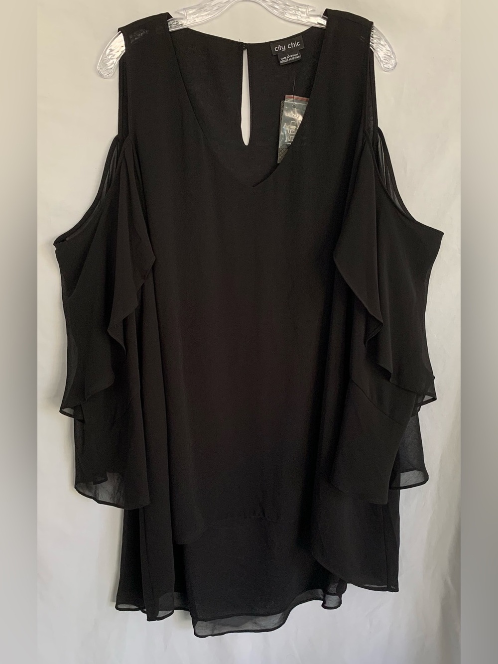 NWT City Chic Black Cold-Shoulder High-Low Ruffle Blouse
